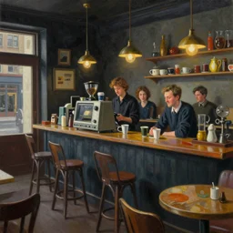 cozy seattle coffee shop. vantablack cloth technology, vintage shapes, retro technology, happy colors dariusz zawadzki, tim hildebrandt, wayne barlow, bruce pennington, larry elmore, oil on canvas, deep depth field, masterpiece, cinematic composition. dramatic zoom, hyperdetailed, hd, hdr