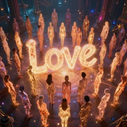 love, overlays of groups of people with glowing bodies, from behind, rebirth, wide angle, cinematic atmosphere, elaborate, highly detailed, vivid colors, dramatic lighting