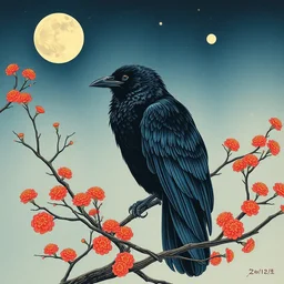 a beautiful painting raven, by ukiyo - e award - winning art color screen printing