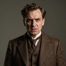 Portrait of a catholic man with a stern yet panicked look dressed in a 1920s attire. He seems mentally unstable. 4K, dramatic lighting