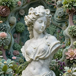 an idealistic marble statue with fractal flowery hair in a fractal garden, unreal engine, 8 k render, beautiful, full frame,