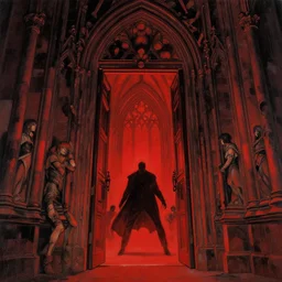 doorway to hell in grand gothic cathedral, inner conflict, scarlet hue, tom lovell, painting, influences from mobius, ashley wood. otomo, akira, greg tocchini, mike mignola