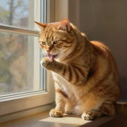 fat butterscotch tabby cat licking paw in front of window, painting by Mark Ryden