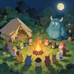lab to create cute monsters and creatures joyfully having a bonfire and feast, basking under moonlight in a campsite, aerial view, natural lighting, playful color scheme, intricate details, matte painting, illustration, by hayao miyazaki