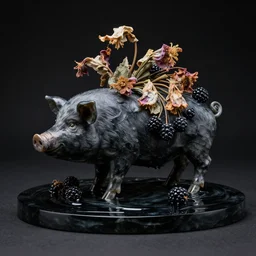 sculpture of a pig and blackberries, photorealistic, centred, wilted flowers, black background, made from obsidian, mounted on glass, black flood waters, zen, trending on artstation
