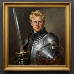 greg manchess oil matte portrait painting, blond knight with glasses, sword and shield, rectangular frame, wonderful masterpiece highly detailed, scifi, beautiful cinematic light deep focus, elegant, digital painting, smooth, sharp focus, golden ratio, dramatic illumination, ultra realistic, 4 k, art by greg rutkowski wlop rossdraws