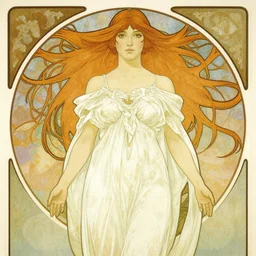 in the style of artgerm, arthur rackham, alphonse mucha, evan rachel wood, symmetrical eyes, symmetrical face, flowing white dress