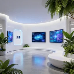 hyperdetailed futuristic sci - fi neon samsung store, polished concrete, white walls, digital screens, curved furniture, lush plants.