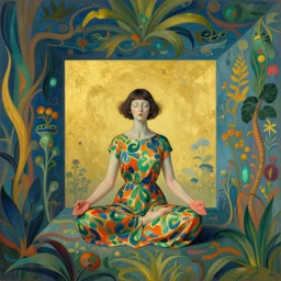 hyperrealistic autchrome android woman wearing a dress, meditating in a tesseract psychological temple, botanical print, surrealism, vivid colors, golden ratio, negative space, minimalist composition, rule of thirds, in style of jugendstil, and maxfield parrish, maurice sendak, by hajime sorayama