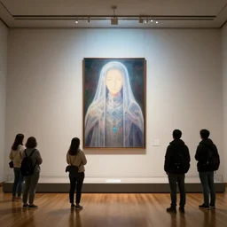 megalophobia!!!!! photo of an exhibit museum room, people looking at a portrait of a scifi technopriest by yoshitaka amano, national art museum, scientific, ethereal, rule of thirds