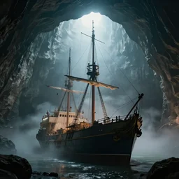 cinematic mid shot of an old ship in the middle of a giant cavern, light fog, trending on artstation, ambient light, 4 k, masterpiece