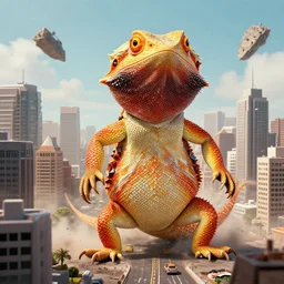 a giant bearded dragon 1 0 feet tall destroying a city