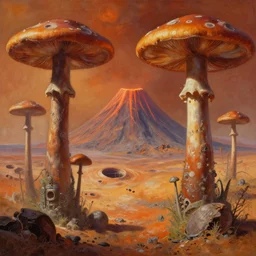 oil sci fi painting of mushroom trees on destroyed planet mars, volcanos, craters, sci - fi natural rendering, trending on artstation, by, michael whealan and james gurney