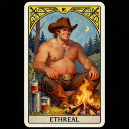 ethereal dramatic tarot card painting of a shirtless handsome smirking cowboy with a chunky build and belly | sitting | background is a serene campfire | tin cans and jugs of whisky | tarot card, art deco, art nouveau | by Mark Maggiori | trending on artstation