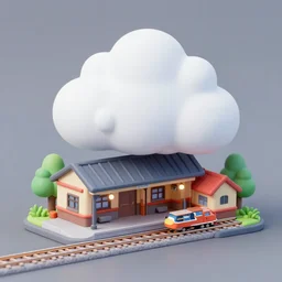 detailed miniature cloud ryuzaky lawliet village railway station of silicone shaders, isometric, 1 0 0 mm, studio lighting, by pocoyo style, centered margin, hyperrealistic