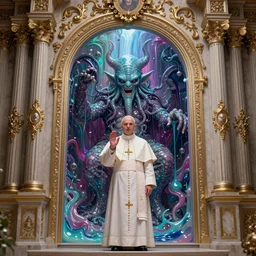 pope priest in front of a cthulhu within a viscosity fluid lovecraft portal, intricate architecture, baroque detailed, shiny colors, high - key lighting, beautiful composition, intricate, elegant, pro photography by, highly detailed, art by artgerm and peter mohrbacher, subsurface scattering, ray tracing, vivid colors, octane render