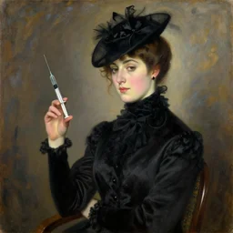 vintage beautiful painting of a lady dressed all in black with a socialite hat holding a syringe in Mary Cassatt style