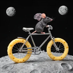 a stainless steel bike, made of swiss cheese wheels, a cartoon rat cycling on the surface of the moon and, photorealistic