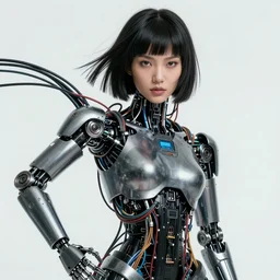 beauty Blade Runner woman, robotic arms, cyberpunk, lots of cables and wiring, electrical details, trending on artstation, by Hajime Sorayama and Boris Vallejo