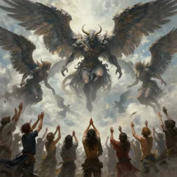 monstrous angels descending from the sky as people praise them, digital painting, mixed media, trending on artstation and deviantart, epic composition, highly detailed, 8 k