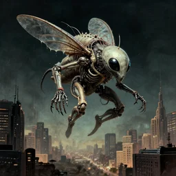retro dark city with flying biomechanical alien insect skeletal dripping digital art by giger