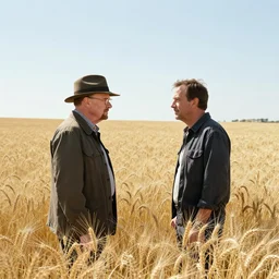 walter white wearing a hat and gustavo fring facing each other in a wheat field, long shot, side view, 3 5 mm photograph, 8 k resolution, wide shot, sharp lens