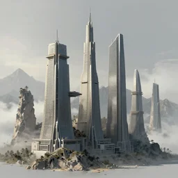 concept art of towers and mountains