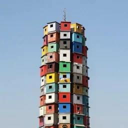 a tower made up of colourful makeshift squatter shacks with blanks spaces, dystopia, sony a 7 r 3, f 1 1, fully frontal view, photographed by jeanette hagglund