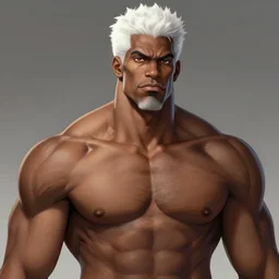 wow, fanart hideous muscular black man with white hair and a protruding jaw with visible pectoral muscles, detailed, digital art, artstation, smooth, sharp focus, art by artgerm, greg rutkowski, alphonse mucha
