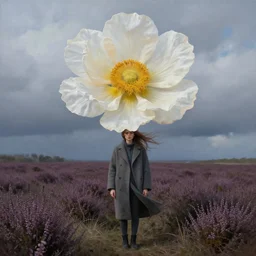 portrait, giant flower over head, a girl wearing a coat in heather field, surreal photography, wind and cold, dramatic sky, impressionist painting, digital painting, artstation, simon stalenhag