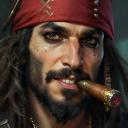 close up of a pirate face, beard, cigar, smirk, black hair, face tattoo, deep focus, d & d, fantasy, intricate, elegant, highly detailed, digital painting, artstation, concept art, matte, sharp focus, illustration, hearthstone, art by artgerm and greg rutkowski and alphonse mucha