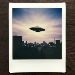 an aged polaroid photo of a ufo flying above new york city, gloomy, grainy