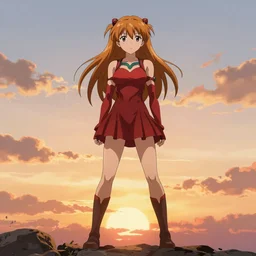 asuka langley standing on a mech in the sunset, in the style of violet evergarden, in the film by kyoto animation, trending on pixiv