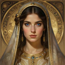 portrait of saint alia atreides of the knife, her eyes are dark blue, dune, strong arab culture inspiration, oriental, beautiful woman, science fiction, frank herbert, intricate, elegant, highly detailed, digital painting, artstation, concept art, sharp focus, illustration, art by artgerm and greg rutkowski and alphonse mucha