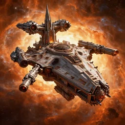 a dreadnaught gothic spaceship from warhammer 4 0 k, floating through orange space nebula, giant guns, gothic cathedral, very beautiful digital art, artstation