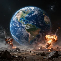 dystopian planet earth from space, war explosions, wasteland, dark future