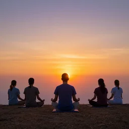 wide range backlit photo of a man meditating, at a beautiful sunset, highly detailed, colorful,