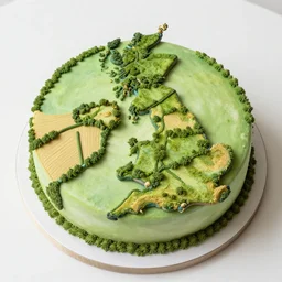 a cake designed to look like an aerial view of a uk landscape with fields and woods
