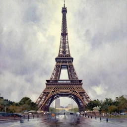paint brush strokes, abstract watercolor painting of eiffel tower in the rain, cinematic light, american romanticism by greg rutkowski, by leonid afremov