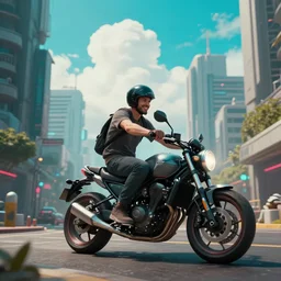 photo of a man sitting happily on his motorcycle on a street in a cyberpunk city, the sky is a turquoise blue with beautiful white fluffy clouds, hyper realism volumetric lighting sony a 7 i camera