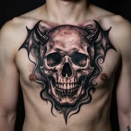 Dark Matter Black Magic Skull rembrandt style chest tattoo 8K quality