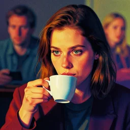 portrait of a heroine drinking coffee, (((colorful))),vivid, Mads Berg, Karolis Strautniekas,small finely stippled light, dramatic lighting,film grain, editorial illustration, detailed, gradation, matte print, dynamic composition,moody, cinematic,extreme perspective