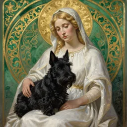 blonde madonna in a white dress. a completely black scottish terrier on her lap. green with a gold filigree background. art nouveau. masterful, detailed oil on canvas