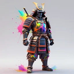 a heavily armored samurai / knight, artstation, octane render, unreal engine, by wlop, splatter paint, spray paint, rainbow, neon, 3 - dimensional, 3 d