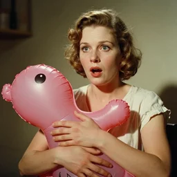 surprised woman who has given birth to an inflatable toy, French New Wave film, archival footage, technicolor film expired film, 16mm