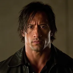 a cinematic film still Dwayne Johnson starring in The Crow, portrait, sassy, emo hair, 40mm lens, shallow depth of field, close up, split lighting, cinematic