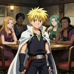 young blonde boy fantasy thief in a tavern surrounded by dark skinned friends and light skinned friends, full metal alchemist, anime style