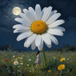 giant daisy flower as a head, girl walking in flower field, surreal photography, moon light, dark night, dramatic, impressionist painting, clouds, digital painting, artstation, simon stalenhag