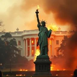trump beating up the statue of liberty as whitehouse burns, riots, rioting, fire, fog, flag