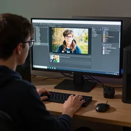 A nerd on computer, testing how image prompts work